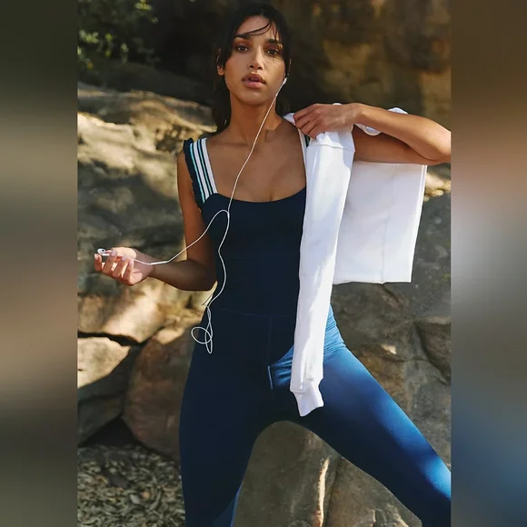New Free People Time Out Onesie M Navy Blue Cutout Athletic Jumpsuit FP Movement - Picture 2 of 14